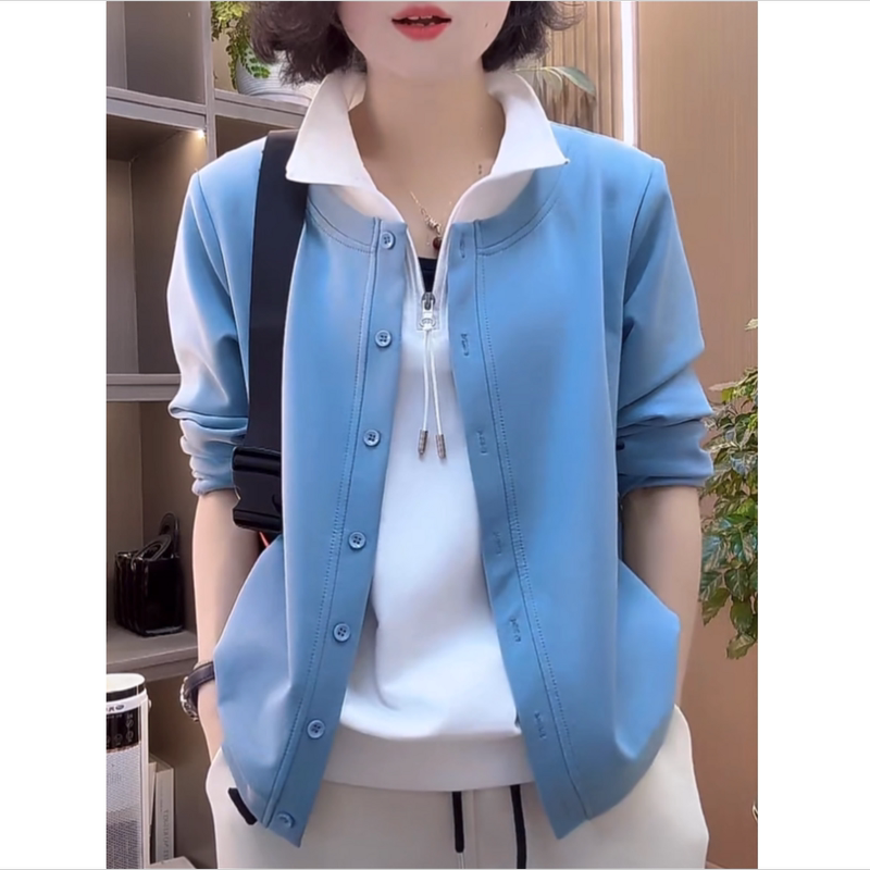 Fashionable Mother's Clothing Long-Sleeved Fake Two-Piece Color-Blocked Sweatshirt for Women, New Spring and Autumn Versatile Casual Solid Color Lapel Top