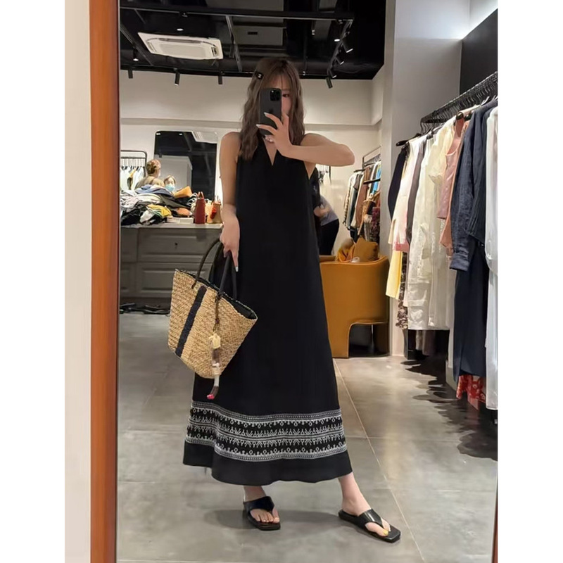 Nanyou Discount 2026 Summer New Ramie Embroidered Print Dress Women's Cotton Linen V-Neck Sleeveless Mid-Length Dress