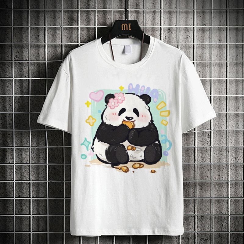 T-Shirts with Panda and Orchid Designs, Loose Fit, Unisex, Plus Size, Half-Sleeve, Summer Trendy Brand