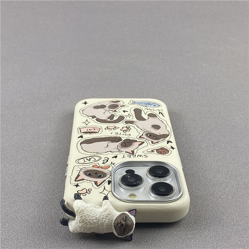 Cartoon Cute Cat Illustration Iphone16Promax Apple 15 Phone Case Siamese Cat 14 Full Coverage 13 Leather