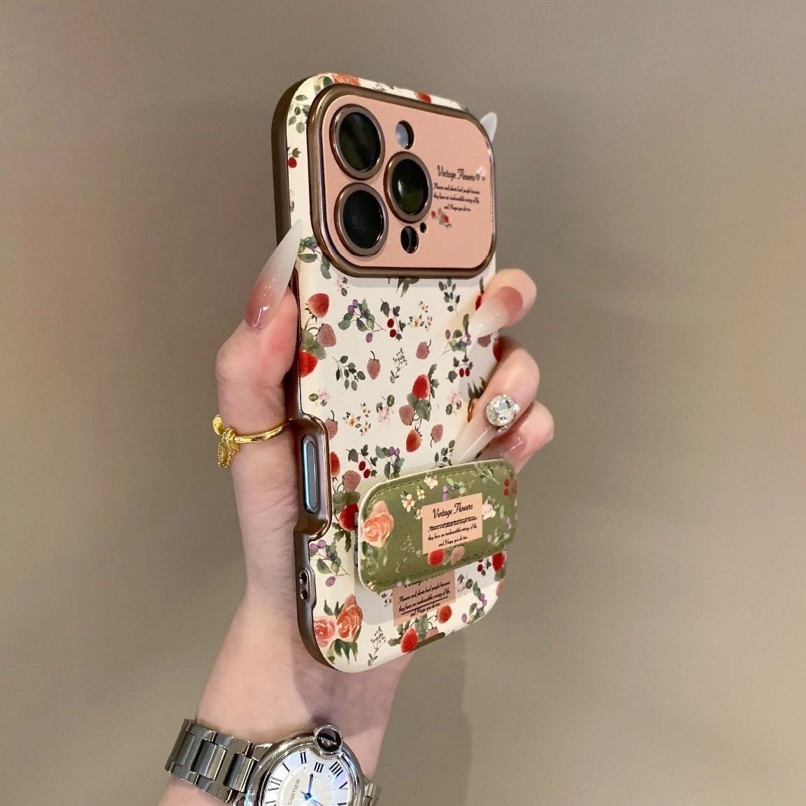 Vintage Floral Strawberry Rose with Kickstand for , 16, 15, 14, 13, 12 iPhone Case