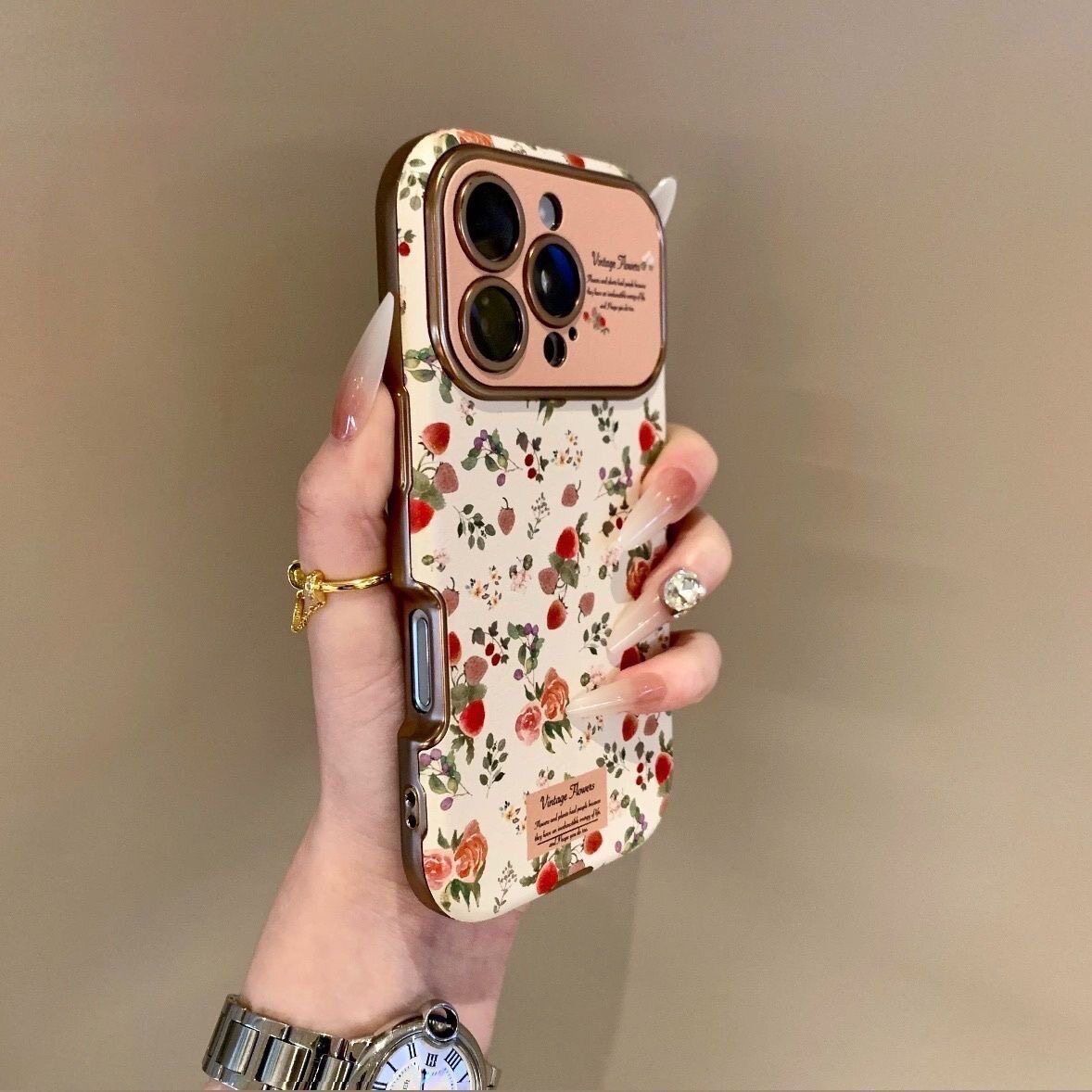 Vintage Floral Strawberry Rose with Kickstand for , 16, 15, 14, 13, 12 iPhone Case