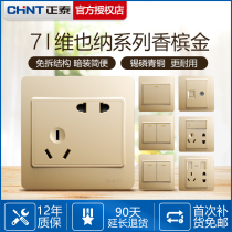 Chint switch socket wall household concealed five hole champagne gold wall dark line 86 with panel switch