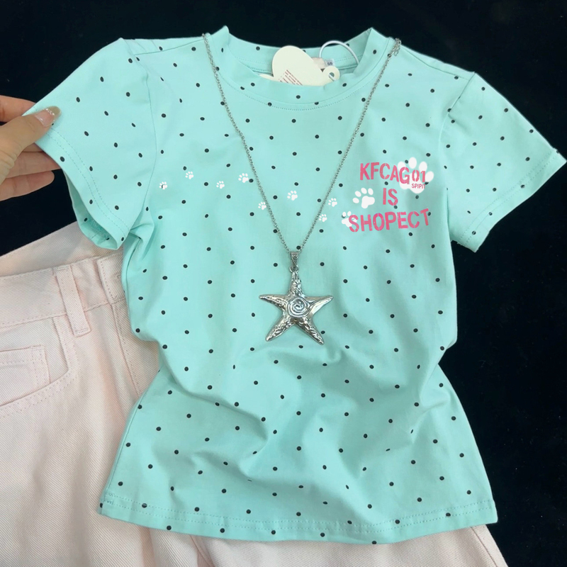 Kfcag American Retro Polka Dot Letter Print Short-Sleeved T-Shirt for Women, Summer Mint Green Slim Fit Versatile Top