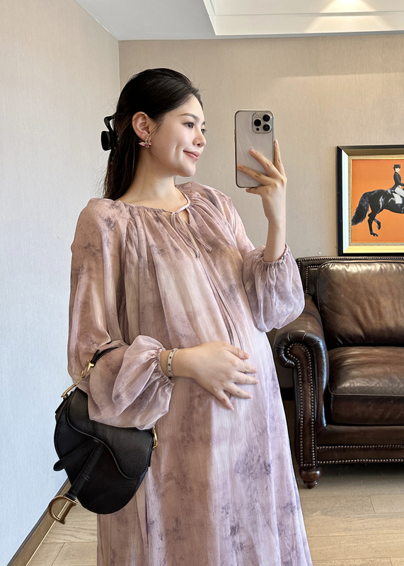 Peipei Peipei Maternity Wear Romantic Retro Ink Painting Summer Dress New High-End Dress Loose Fit for Late Pregnancy Trendy Mom