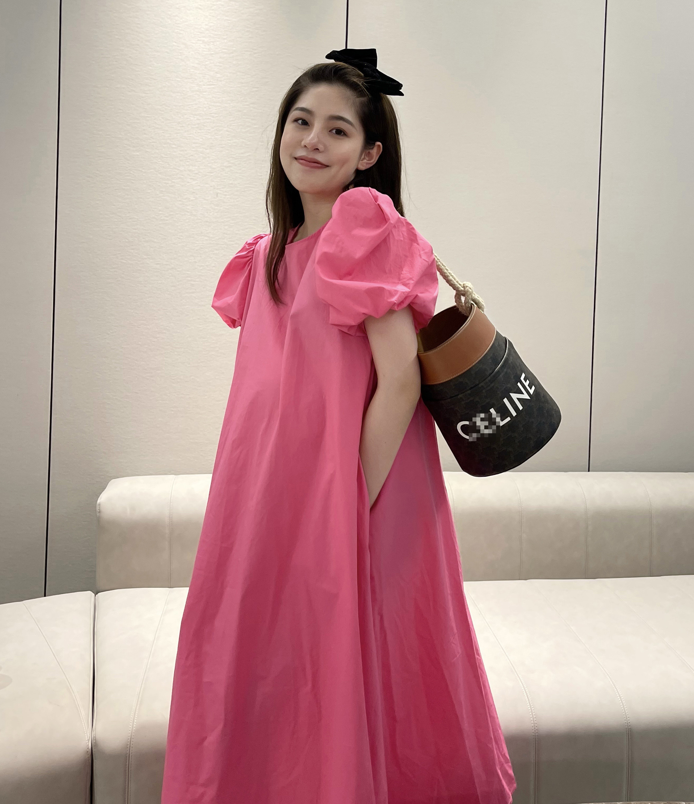PEIPEI maternity Korean pregnancy national style bubble sleeve mid-length dress loose summer large size skirt