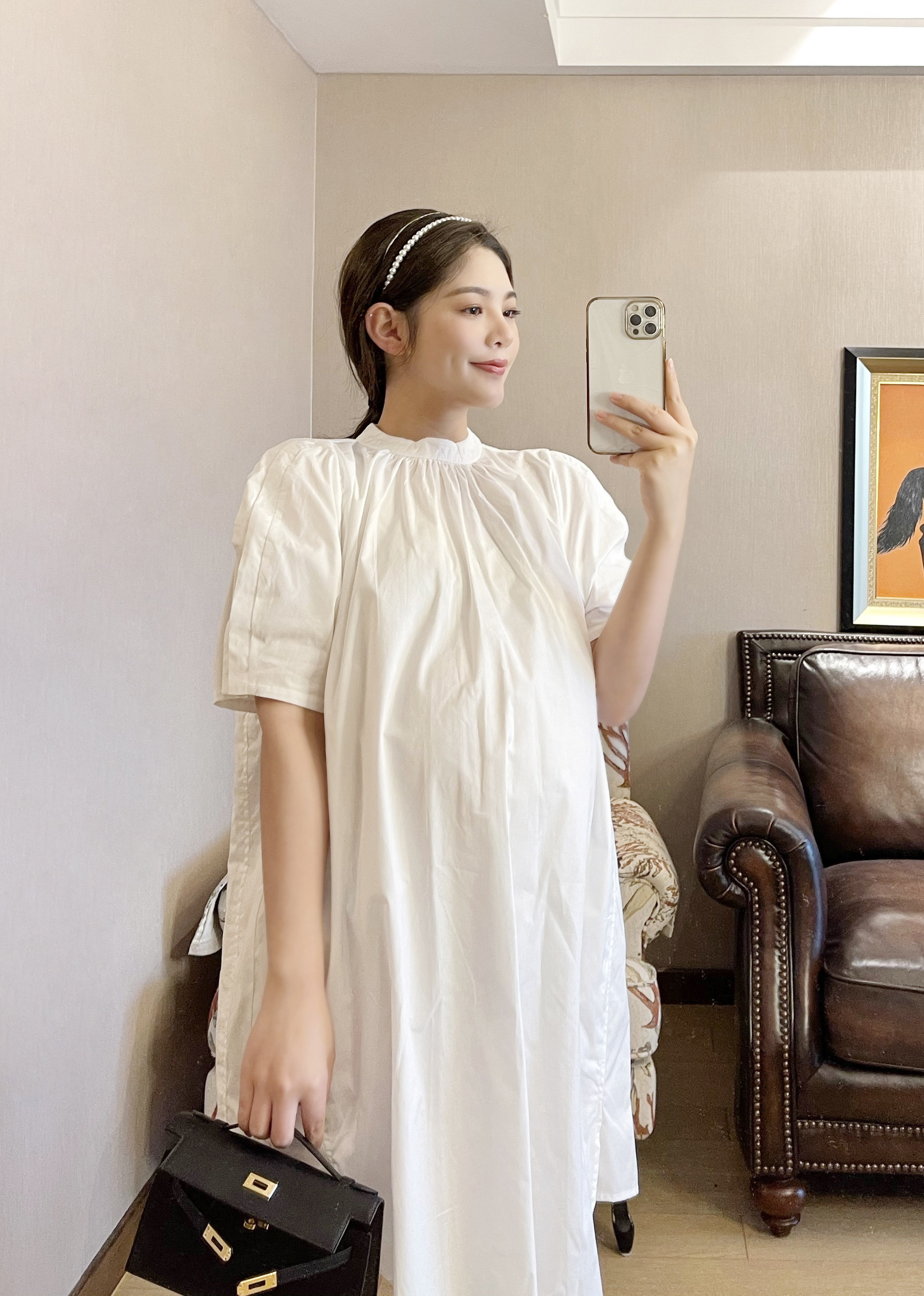 PEIPEI Pregnant Women Wear New Lift Slow-Led White Mid-Long Mom Dress Pregnant Dress