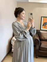 PEIPEI Pepe gestation with elegant wind cotton linen waist autumn Libra dress and autumn dress ethnic wind relaxation lactation period