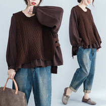 Maternity Coat loose size pregnant women shirt 200kg fat spring and autumn pregnant belly sweater fake two-piece set