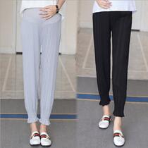 Pregnant women pants summer fashion loose chiffon wide leg pants spring and autumn thin nine-point leggings underbelly belly belted pants tide