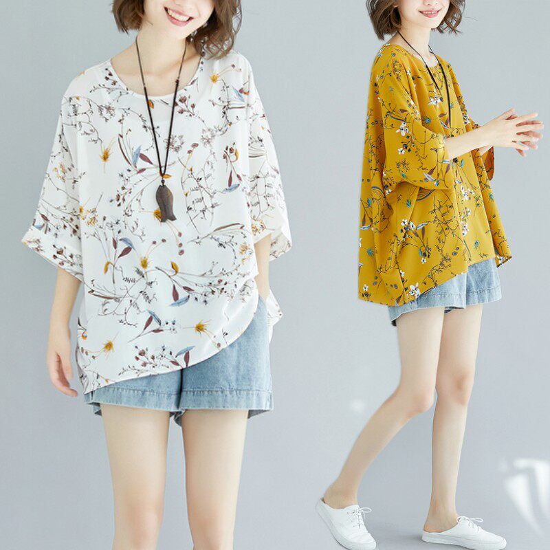 Pregnant woman summer coat fashion loose chiffon shirt 200kg fat m clothes tide mother thin T-shirt bat shirt