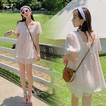 Pregnant womens suits out fashion summer small fragrant trend mother dress Net red shorts two-piece foreign maternity dress