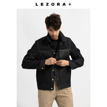 LEZORA Japan red ear primary color denim fabric tire cowhide tooling large pocket stitching open line denim jacket men