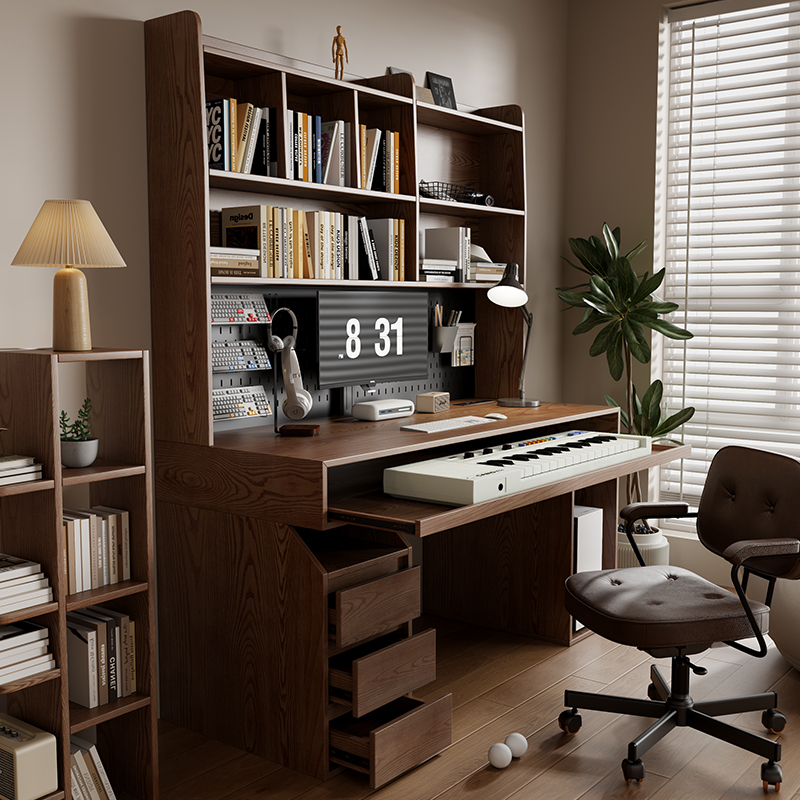 Solid Wood Computer Desk, Desk, Bookcase, Electric Piano Table, Arranger Workstation, Music Production, Midi Keyboard with Drawer Cabinet