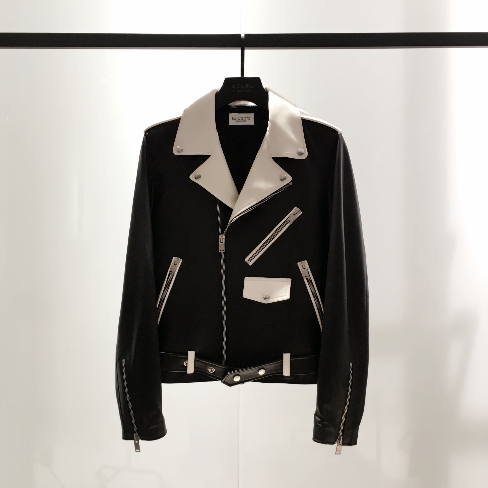 LA CALIFFA Designers SLP Wind Black and White Petty Sheep Leather Upfront Version Locomotive Jacket Leather man