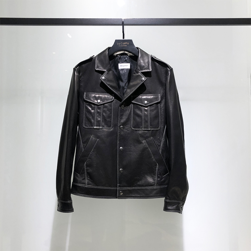 La Califfa SLP wind three lines French small lapel elegant men's leather lambskin denim leather