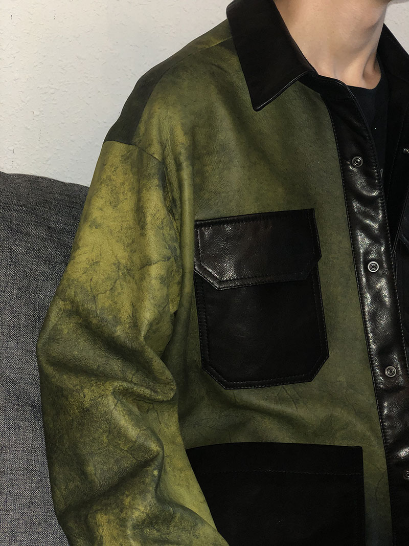 La Califfa designer artistic water-dyed sheepskin paneled Italian goat OS loose trench coat jacket