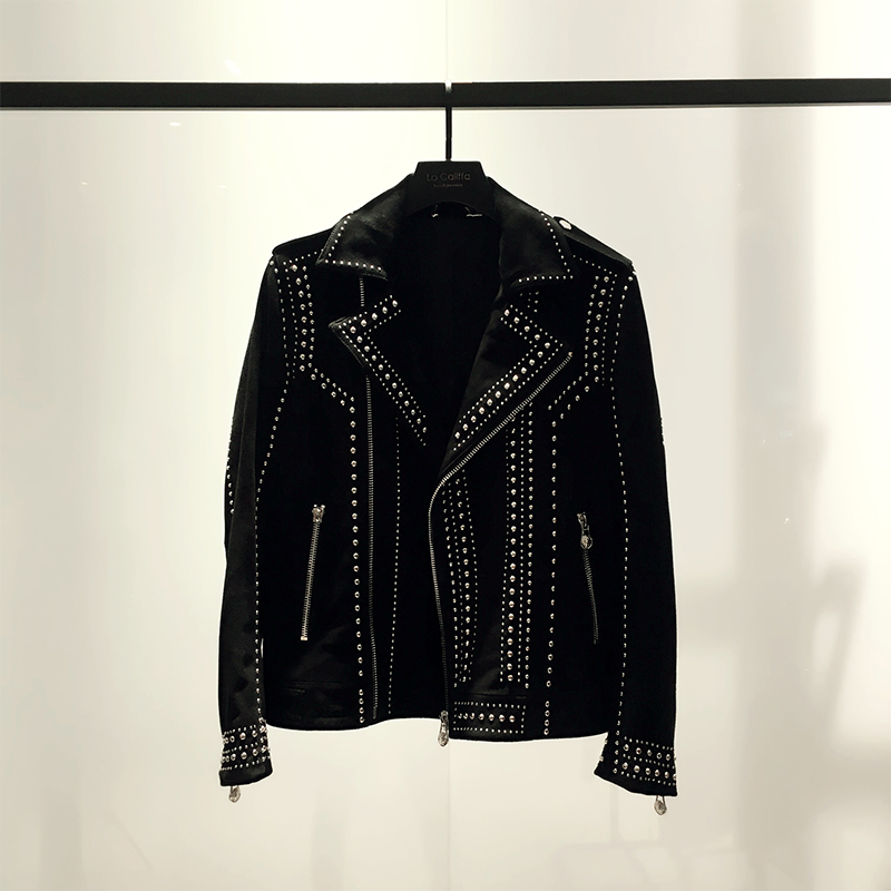 LA CALIFFA designer CE-X stereocut palace wind rivet goat flip fur locomotive jacket