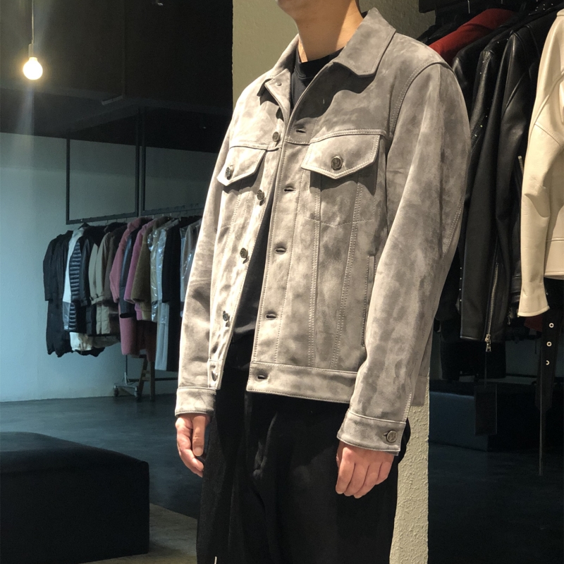LA CALIFFA three-dimensional cut elegant fog gray velvet feeling suede denim jacket leather