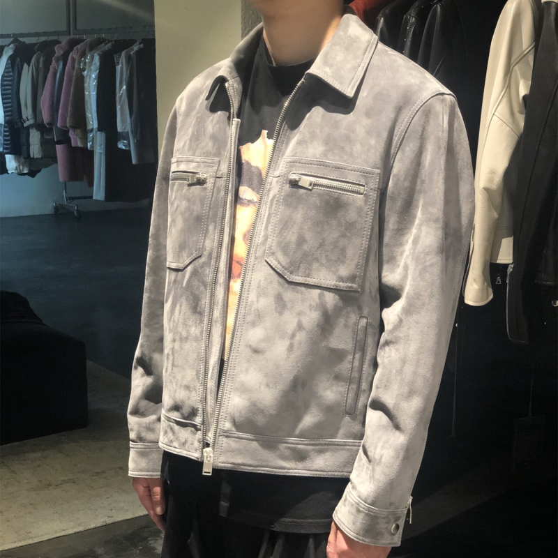 LA CALIFFA elegant haze gray French romance velvet feeling suede sheepskin lapel jacket leather jacket