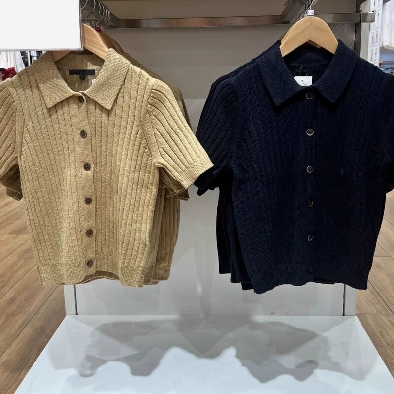 Women's Ribbed Polo Collar Knitted Cardigan Short-Sleeved Sweater Sweater Jacket 2025 Summer New Style Knitted Sweater 479968