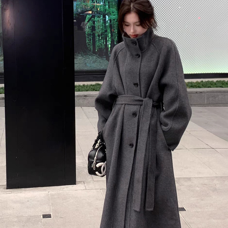 Double-Sided Cashmere Coat for Women 2026 Autumn and Winter New Style High-End Korean Style Stand-Up Collar Lace-Up Mid-Length Woolen Coat