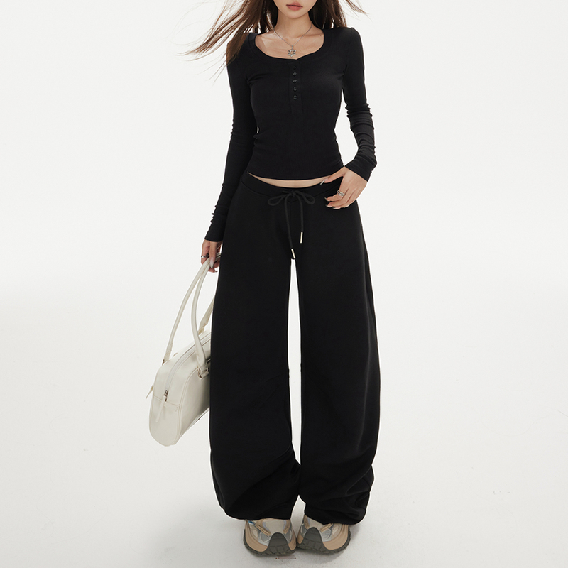 Wide-Leg Sweatpants for Women, American Retro Low-Waist, Spring and Summer, Black, Drapey, Drawstring, Loose, Straight-Leg, Scimitar Casual Set