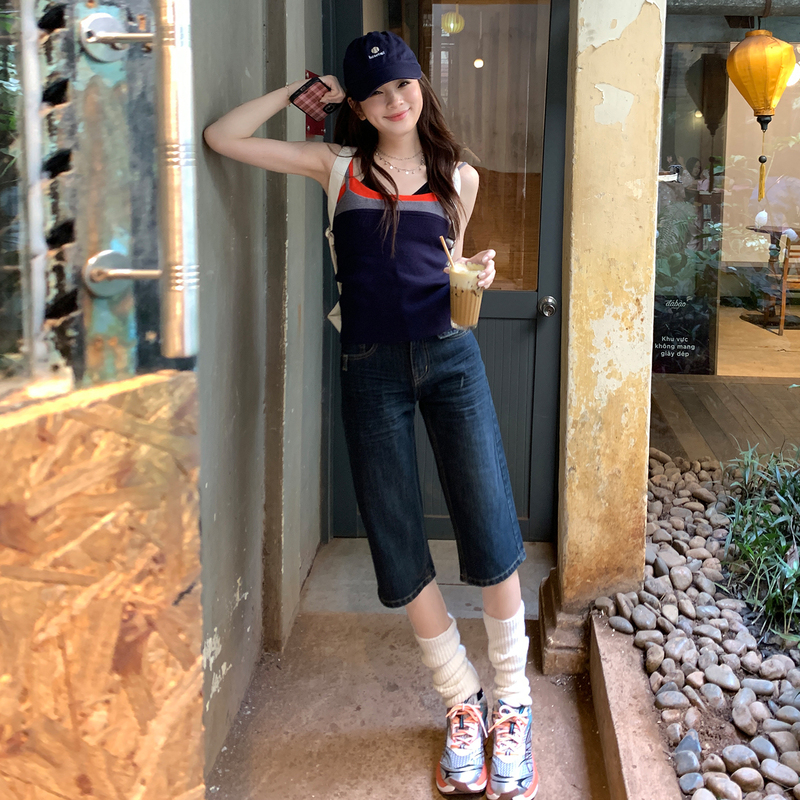 Women's Cropped Jeans, Summer Style, Vintage Millennium Hot Girl Style, Retro Dark Blue, High-Waisted, Versatile, Slim Straight-Leg Mid-Length Pants Women's Cropped Jeans, Summer Style, Vintage Millennium Hot Girl Style, Retro Dark Blue, High-Waisted, Versatile, Slim Straight-Leg Mid-Length Pants