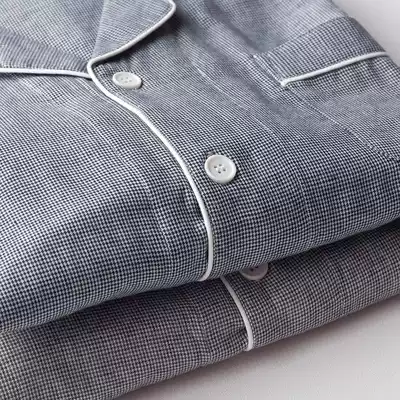 Export Japan Men's Thin Long Sleeved Pajamas Summer Spring and Autumn Cotton Double Layer Yarn Cotton Home Clothing Set