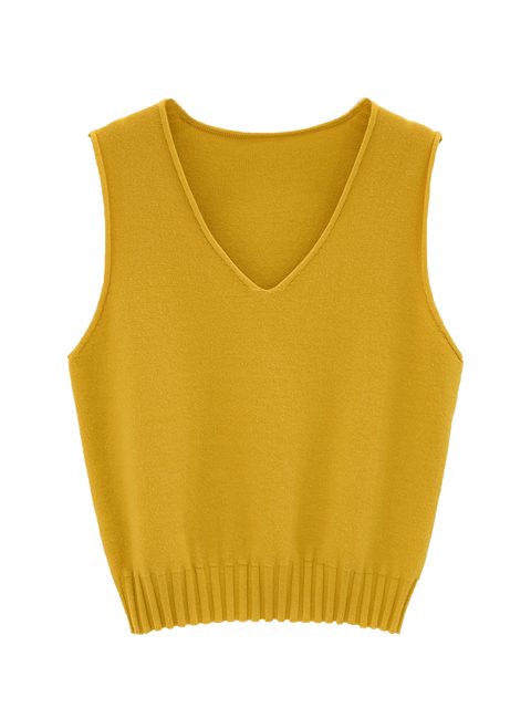 Lazy yellow v-neck knitted sleeveless waistcoat for women in autumn and winter, loose layered soft and waxy versatile sweater vest