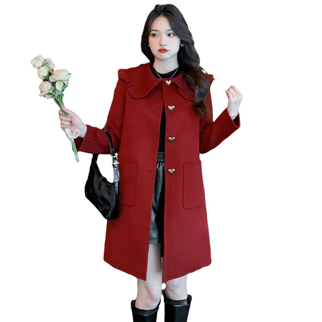 Winter doll collar red woolen coat women's mid-length 2022 new small high-end Hepburn style coat