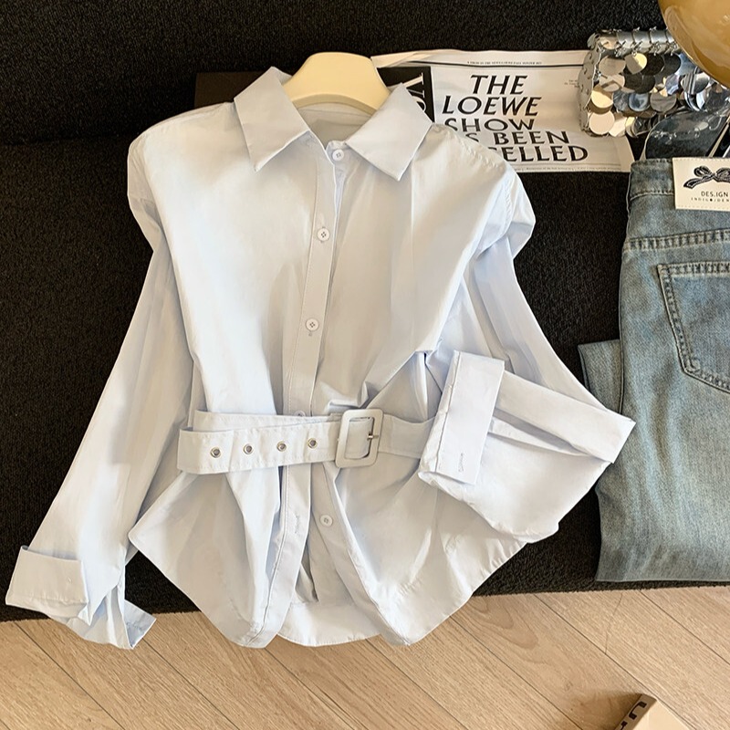 High-End Light Blue Waist-Tie Shirt for Women, New Summer Style, Tie-Waist, Slimming, Minimalist Design Top