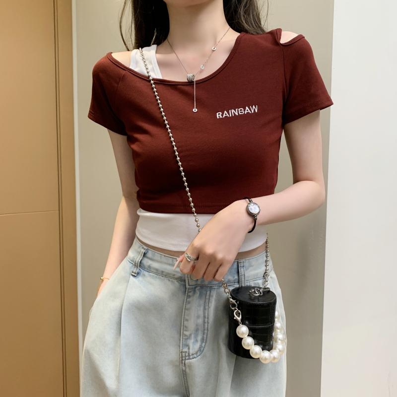 Fake Two-Piece Off-Shoulder Short-Sleeve T-Shirt for Women, Summer Design, Niche Style, Slim Fit, High-Waisted, Cropped Top ins