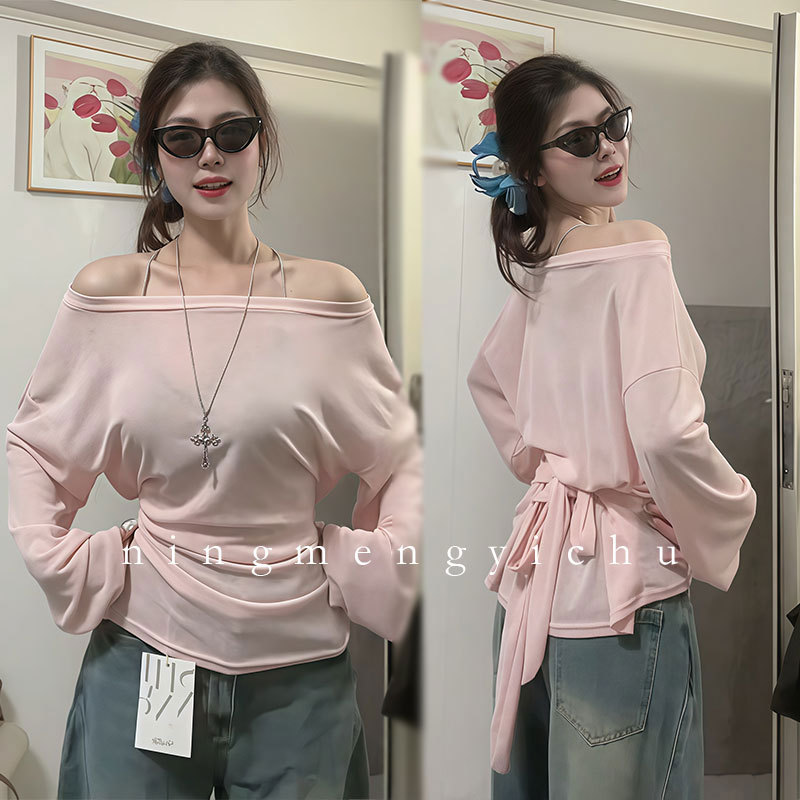 Korean Style Lazy Chic Tie-Waist Long-Sleeve T-Shirt for Women, Summer Thin Sun-Protective Cover-Up with a Stylish Design, Trendy Long-Sleeve Top