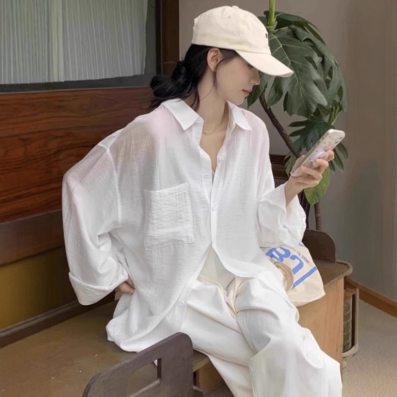 Lazy Style White Shirt for Women Summer New Loose Long-Sleeved Shirt Cardigan with Sun Protection Blouse Tulle Top