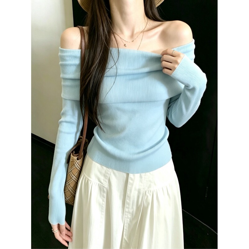 Light Blue Off-Shoulder Folded Knit Top for Women, Autumn Gentle Style, Slim Fit, Long-Sleeve Base Shirt, Niche Top