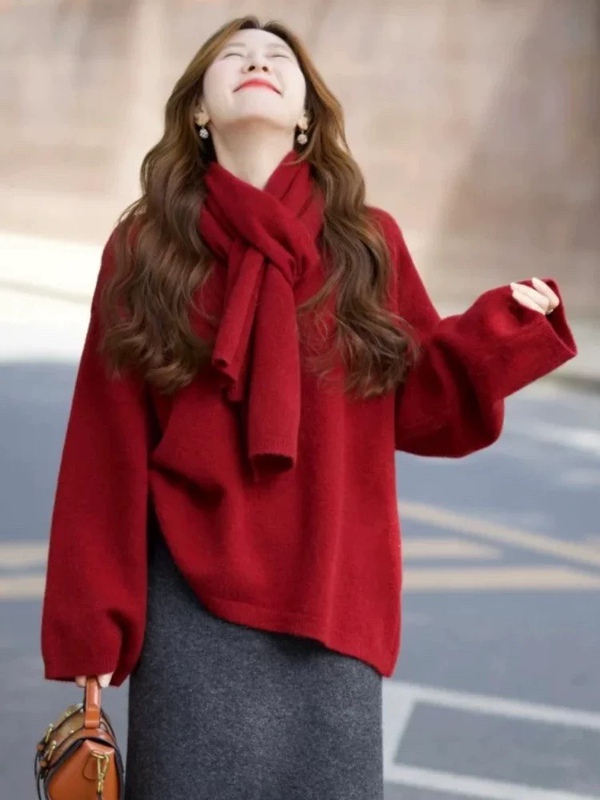 Super Flattering! New Year's Red Sweater for Women 2026 New Style, High-End, Lazy Style, Loose and Thick Knitwear