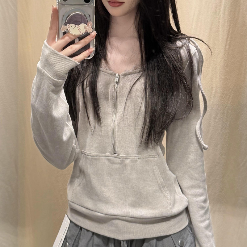 Wm.Mengment Fake Two-Piece Hooded Zip-Up Sweatshirt Slim Fit Long-Sleeve Top for Girls Casual Lazy Style Wm.Mengment Fake Two-Piece Hooded Zip-Up Sweatshirt Slim Fit Long-Sleeve Top for Girls Casual Lazy Style