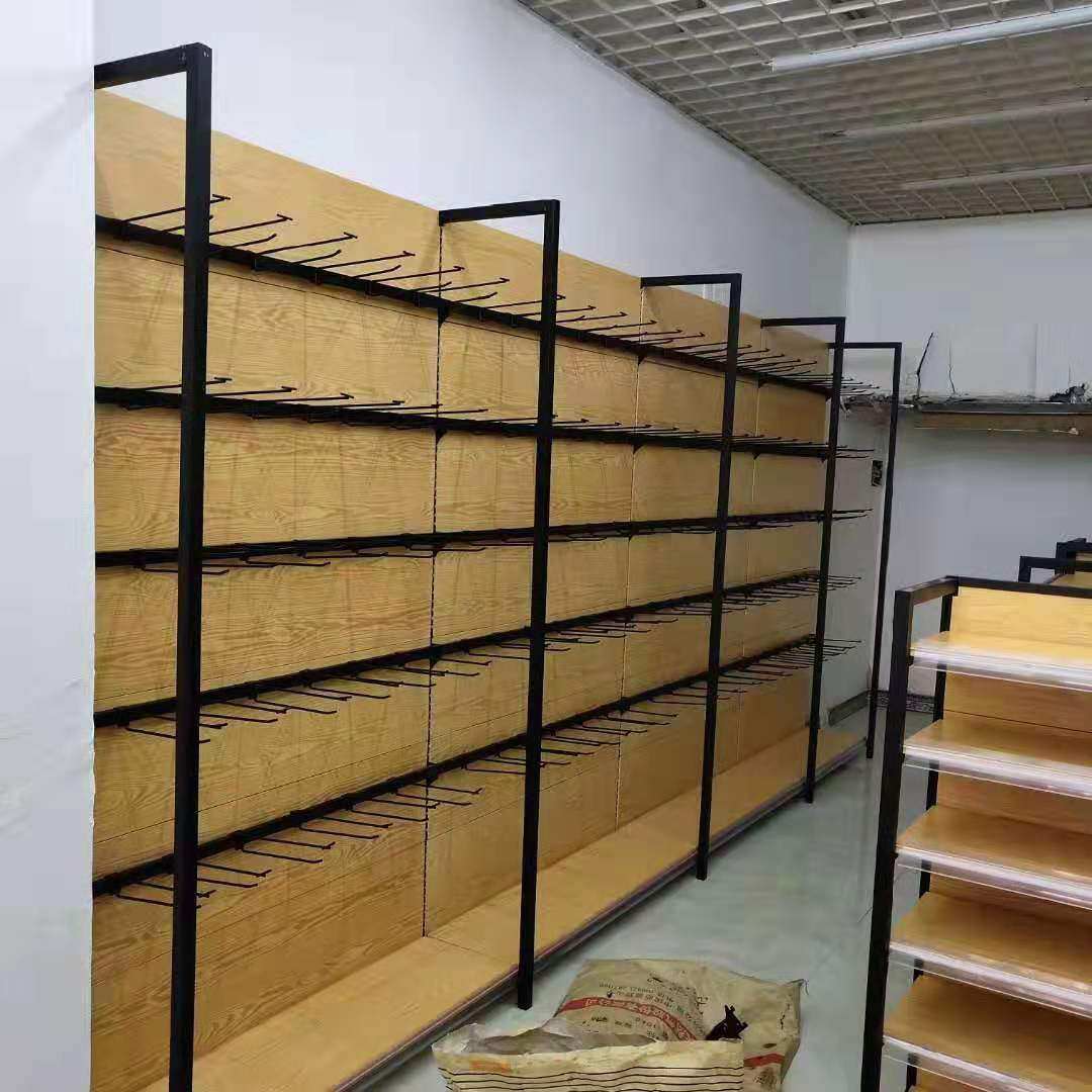 Disassembly and assembly thickened four-column wood grain supermarket single-sided import goods rack Wine cabinet mother and baby shop Stationery shop jewelry store shelves