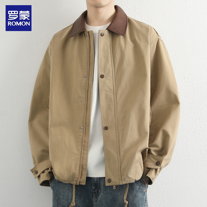 Romon Barn Style Pure Cotton Lapel Jacket for Men, New Spring and Autumn American Style High-End Loose Casual Workwear Jacket