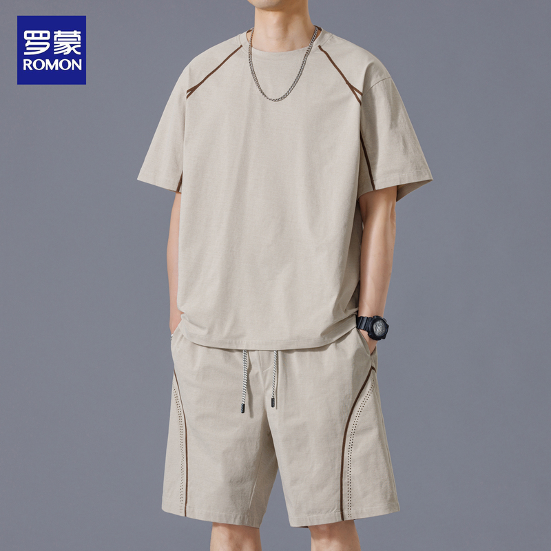 Romon Quick-Drying Round-Neck Short-Sleeve T-Shirt and Five-Point Shorts Sports Suit for Men, New Summer Style, Cool and Versatile Two-Piece Set