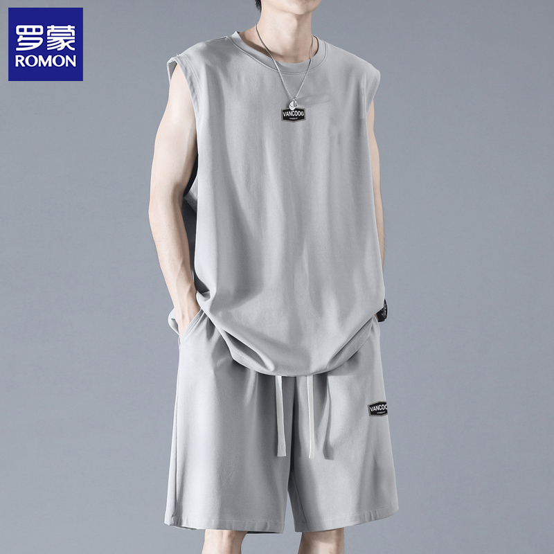Romon Casual Sports Suit for Men, Summer Drapey Vest and Shorts, a Complete Set of Stylish Tank Top Basketball Uniform, Two-Piece Set