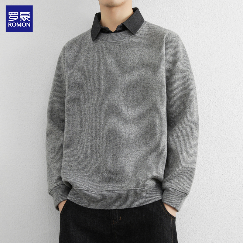 Romon Fake Two-Piece Sweatshirt Men's Shirt Collar Autumn and Winter Fleece-Lined Thickened Base Shirt High-End Trendy Brand Stylish Top