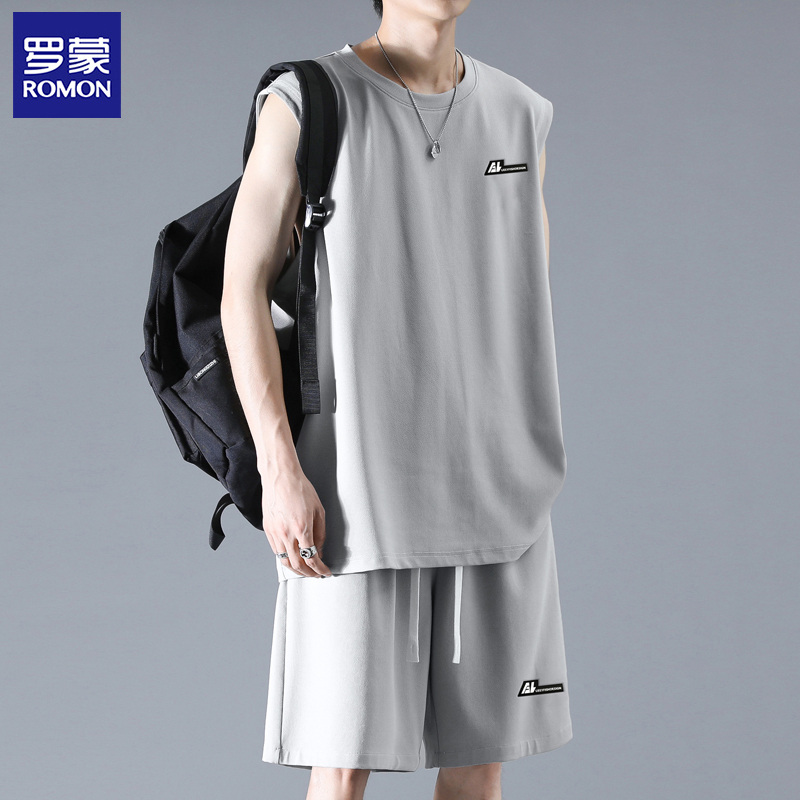 Romon Casual Sports Suit for Men, New Summer Style, Loose Sleeveless T-Shirt, Vest, Shorts, a Stylish Complete Set