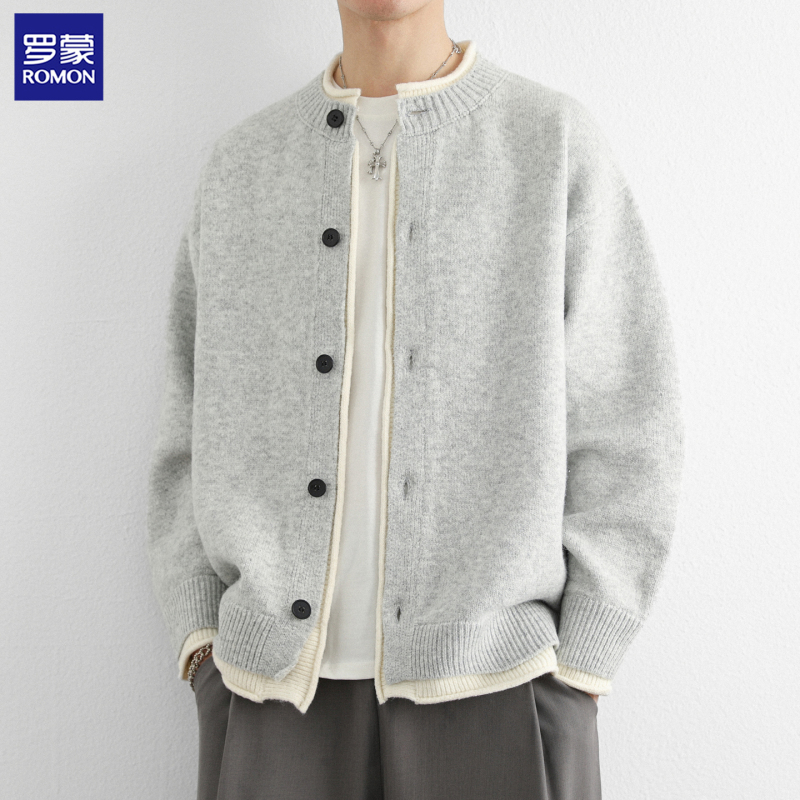 Romon Fake Two-Piece Knitted Cardigan Jacket for Men, New Autumn and Winter Style, American Trendy Brand, High-End Round-Neck Sweater