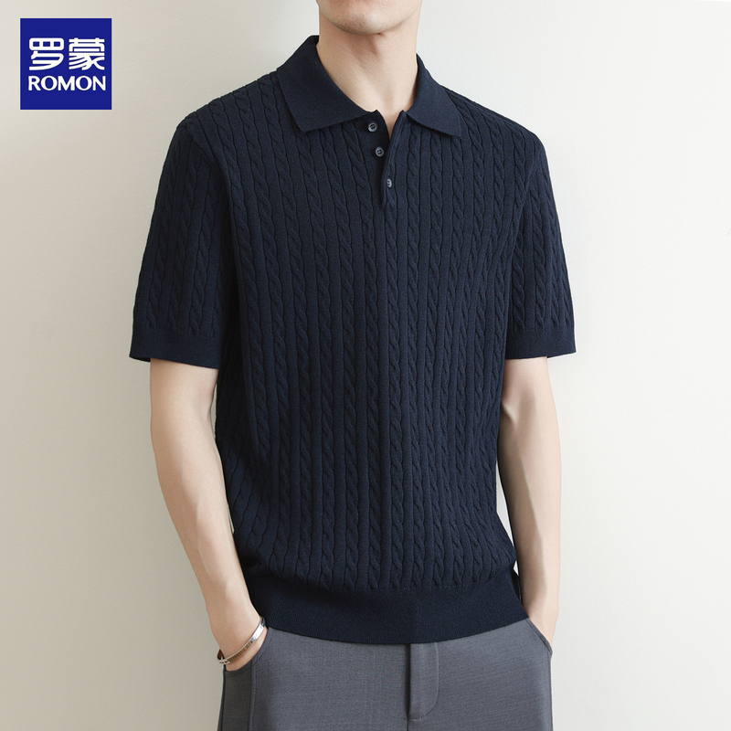 Romon American-Style High-End Polo Collar Short-Sleeve Knit Base Shirt for Men, Spring and Autumn Casual Cable Knit Versatile Sweater