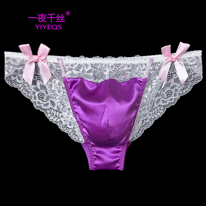 One Night Thousand Silk Sexy Men's Briefs with Unique Bow Tie, Low Waist, Comfortable Lace Double-Layer Pouch for Men
