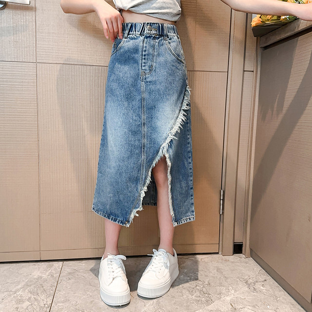 ເດັກຍິງ denim skirt summer 2023 ຮູບແບບໃຫມ່ຂອງເດັກນ້ອຍແບບສະບາຍ skirt ຍາວແບບອະເນກປະສົງ skirt ສໍາລັບເດັກຍິງແລະເດັກນ້ອຍອາຍຸ