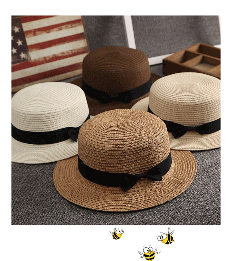 350g Weight Korean Straw Hat Female Summer British Retro Flat Top Beach Travel Hat
