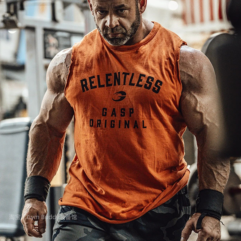 American-Style Vest for Men, Sweat-Absorbent, Orange, Fitness, Skull Design, Loose Fit, Large Size, Sleeveless Sports T-Shirt, Training Tank Top
